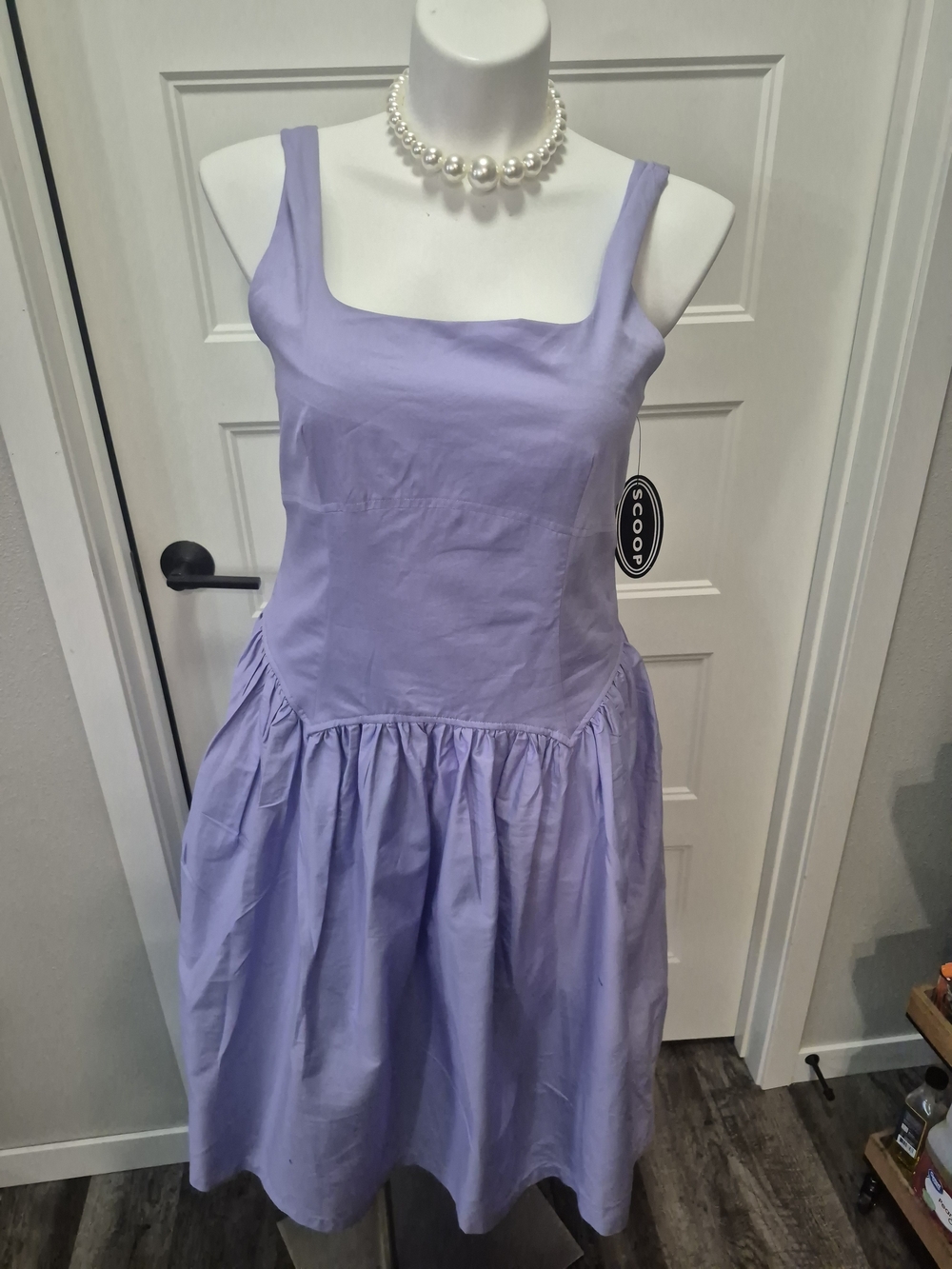 Scoop Lavender Square-Neck Midi Dress with Gathered Skirt